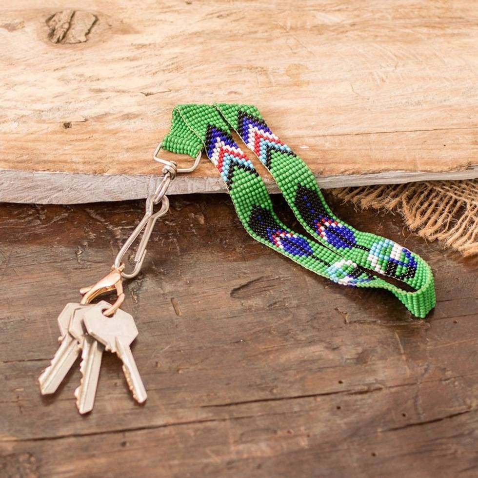 Handcrafted Geometric Glass Beaded Keychain in Green 'Key to Nature'