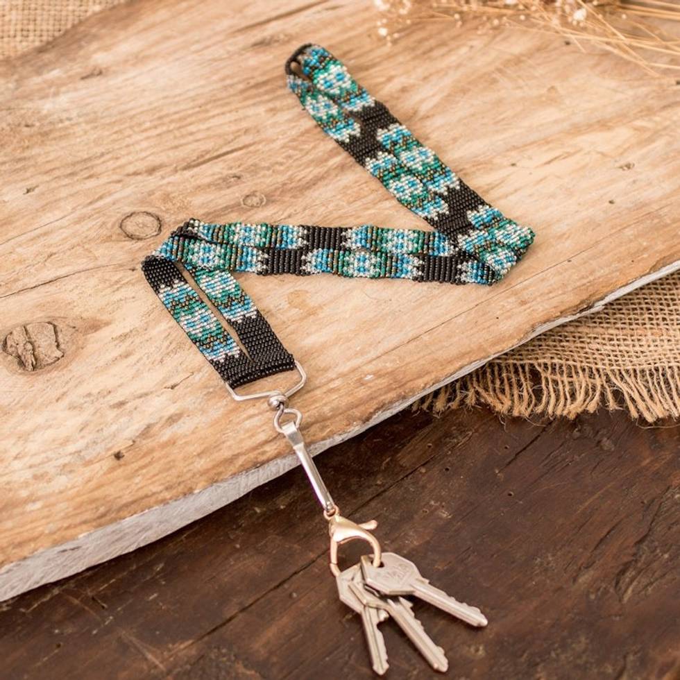 Black Neck Lanyard Keychain Holder Hand-Beaded in Guatemala 'Handy and Radiant'