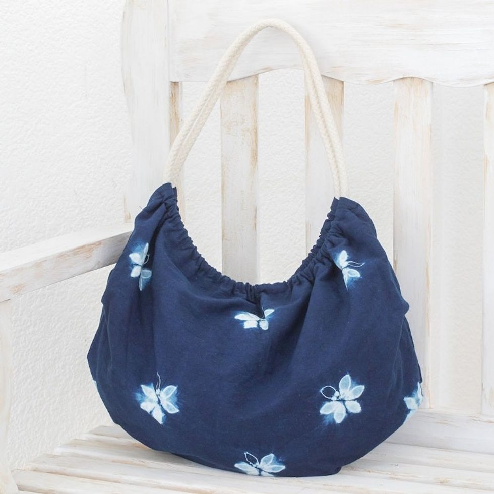 Butterfly-Themed Indigo Cotton Hobo Shoulder Bag 'Indigo Hope'