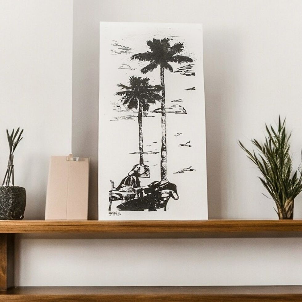 Handcrafted Impressionist Woodcut Print of Palm Trees 'Black Wind'