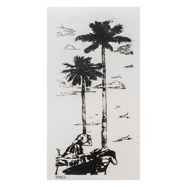 Alternate image for Handcrafted Impressionist Woodcut Print of Palm Trees Black Wind