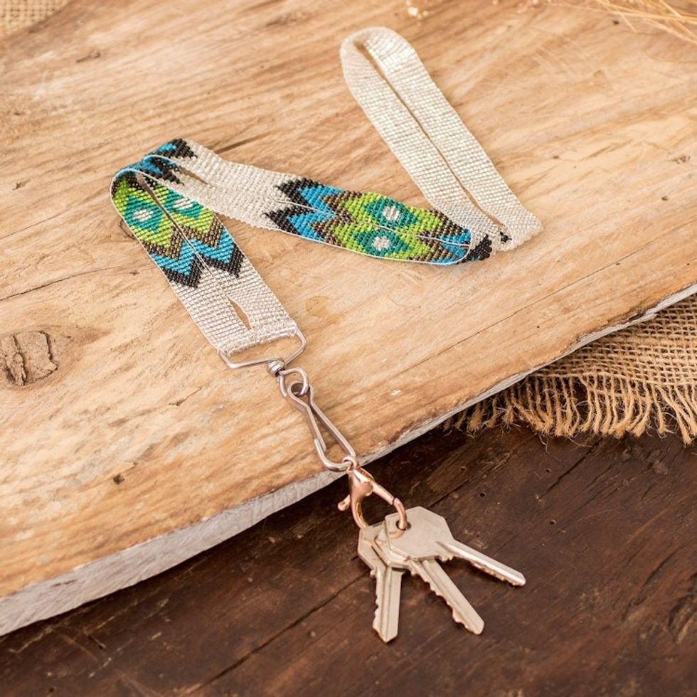 Handmade Beaded Neck Lanyard Keychain Holder in Silver 'Handy and Vibrant'