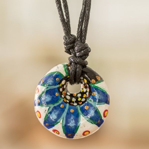 Alternate image for Blue Ceramic Pendant Necklace with Adjustable Cotton Cord Heavens Blue Grace