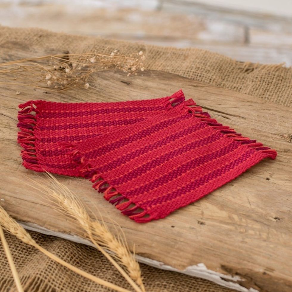 Pair of Handwoven Striped Cardinal Red Cotton Coasters 'Red Fruits'