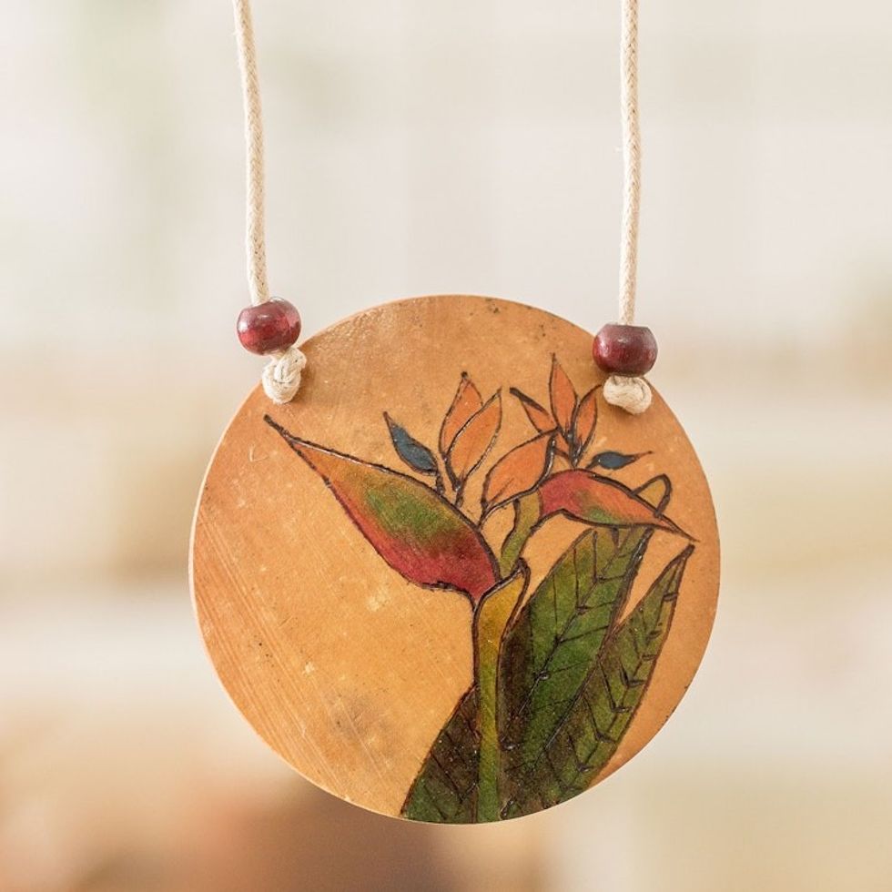 Floral Hand-Painted Calabash Gourd Pendant Necklace 'Paradise Spirit'