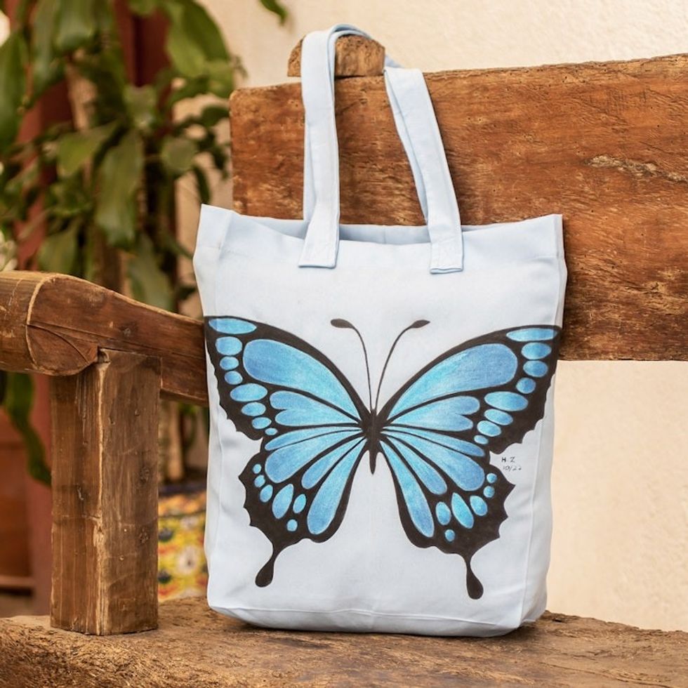 Hand-Painted Butterfly-Themed Polyester Tote Bag in Blue 'Winter Wings'