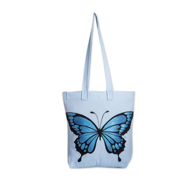 Alternate image for Hand-Painted Butterfly-Themed Polyester Tote Bag in Blue Winter Wings