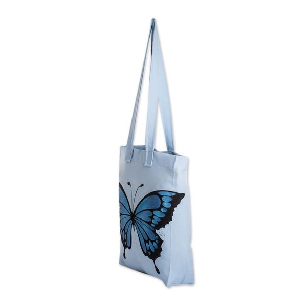 Alternate image for Hand-Painted Butterfly-Themed Polyester Tote Bag in Blue Winter Wings