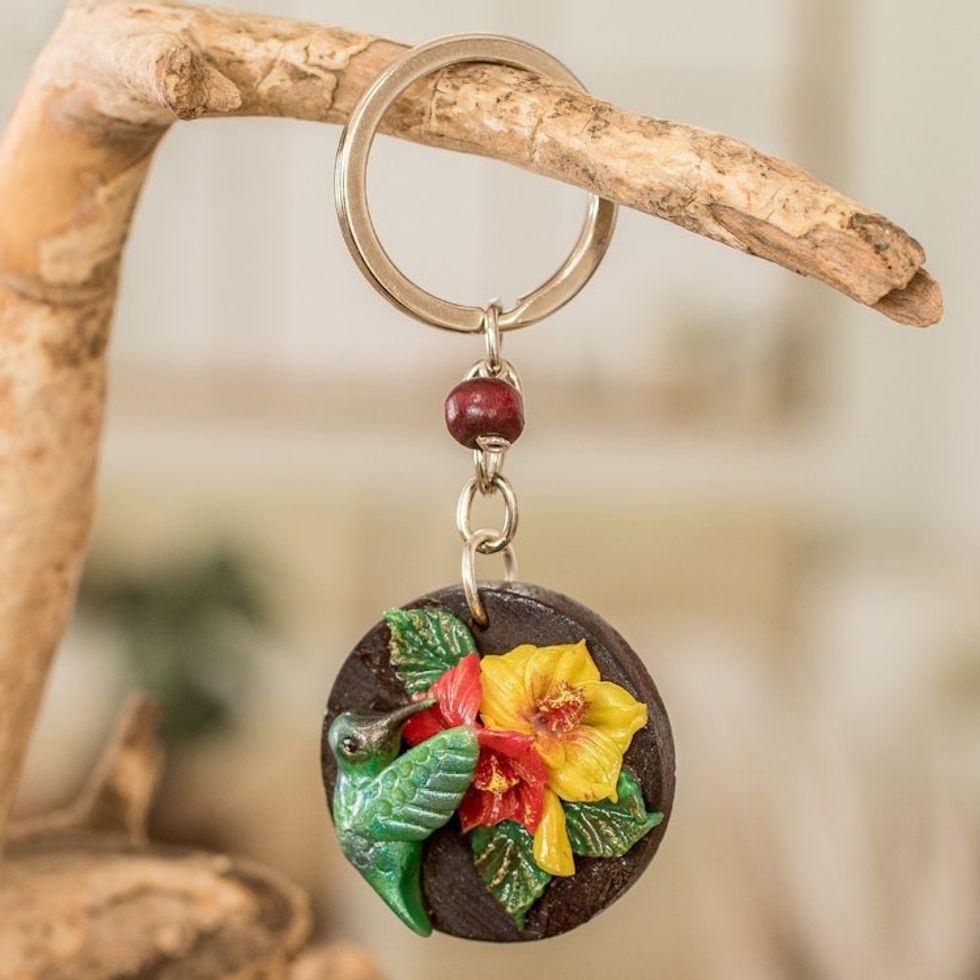 Painted Pinewood and Cold Porcelain Hummingbird Keychain 'The Little Hummingbird'