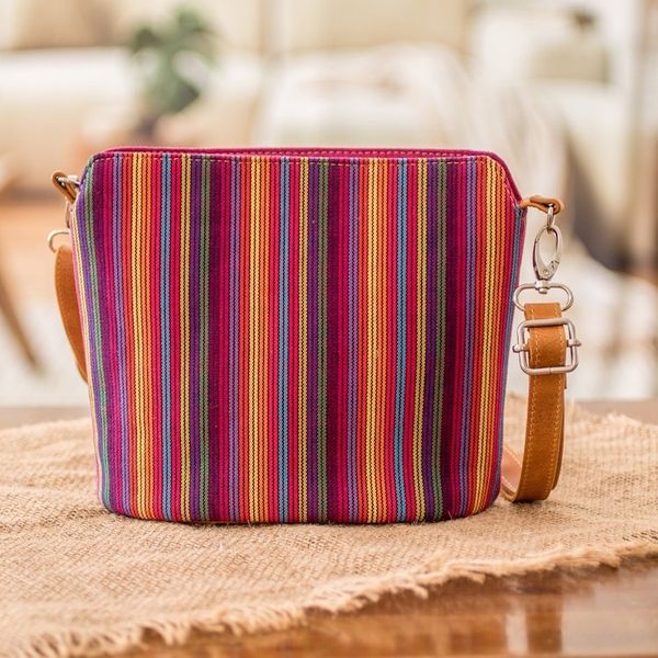 Alternate image for Multicolor Striped Cotton Sling Bag with a Leather Strap Harmonious Shadows