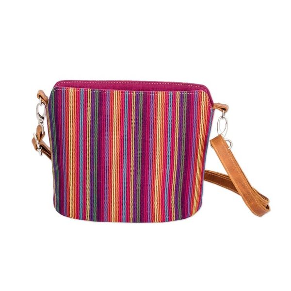 Alternate image for Multicolor Striped Cotton Sling Bag with a Leather Strap Harmonious Shadows