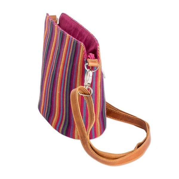 Alternate image for Multicolor Striped Cotton Sling Bag with a Leather Strap Harmonious Shadows