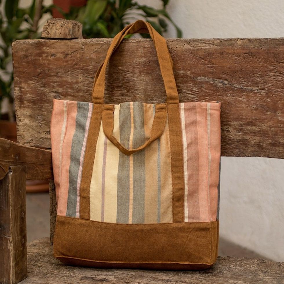 Handwoven Striped Brown-Toned Cotton Tote Bag from Guatemala 'Earthy Illusion'