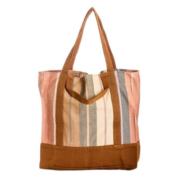 Alternate image for Handwoven Striped Brown-Toned Cotton Tote Bag from Guatemala Earthy Illusion