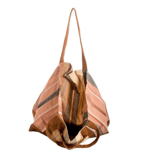 Alternate image for Handwoven Striped Brown-Toned Cotton Tote Bag from Guatemala Earthy Illusion