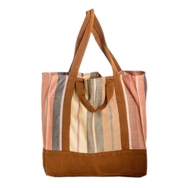 Alternate image for Handwoven Striped Brown-Toned Cotton Tote Bag from Guatemala Earthy Illusion