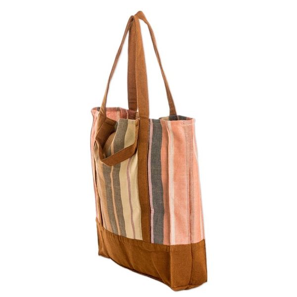 Alternate image for Handwoven Striped Brown-Toned Cotton Tote Bag from Guatemala Earthy Illusion