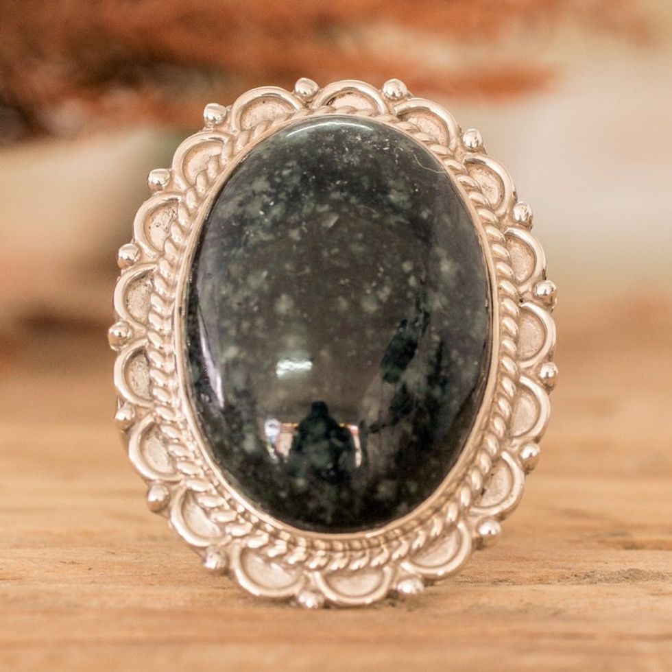 Sterling Silver Cocktail Ring with Dark Green Jade Stone 'Royal Delicacy'