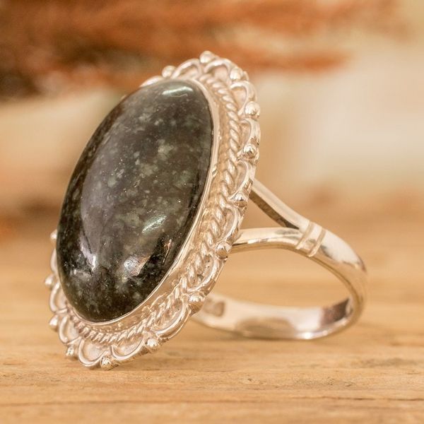Alternate image for Sterling Silver Cocktail Ring with Dark Green Jade Stone Royal Delicacy