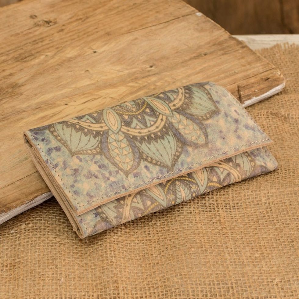 Handcrafted Printed Leather Wallet in Beige and Blue Hues 'Dreaming in Blue'