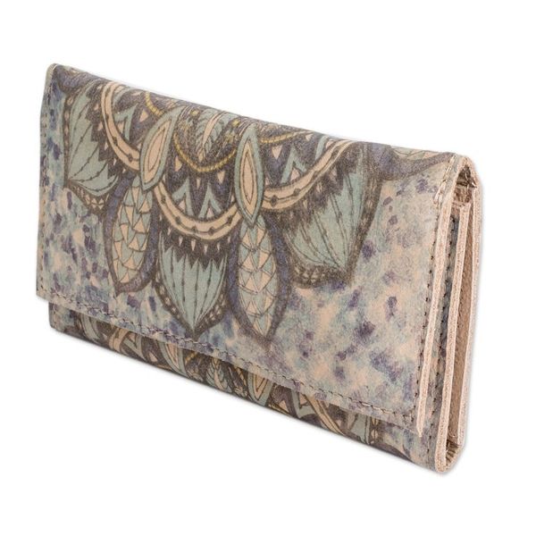 Alternate image for Handcrafted Printed Leather Wallet in Beige and Blue Hues Dreaming in Blue