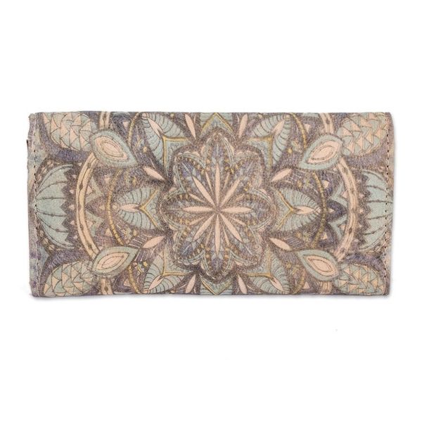 Alternate image for Handcrafted Printed Leather Wallet in Beige and Blue Hues Dreaming in Blue