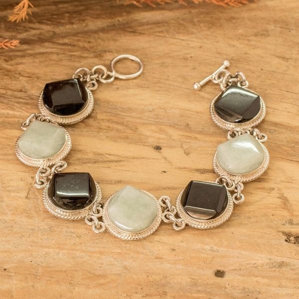 Alternate image for Sterling Silver Black and Apple Green Jade Link Bracelet Glamorous Style