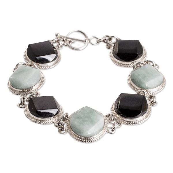 Alternate image for Sterling Silver Black and Apple Green Jade Link Bracelet Glamorous Style
