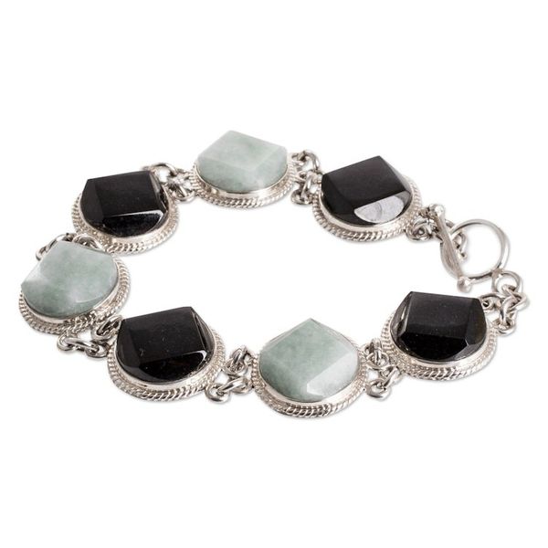 Alternate image for Sterling Silver Black and Apple Green Jade Link Bracelet Glamorous Style