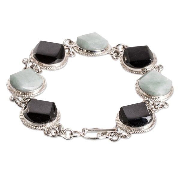 Alternate image for Sterling Silver Black and Apple Green Jade Link Bracelet Glamorous Style