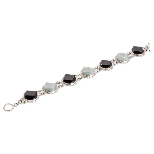 Alternate image for Sterling Silver Black and Apple Green Jade Link Bracelet Glamorous Style