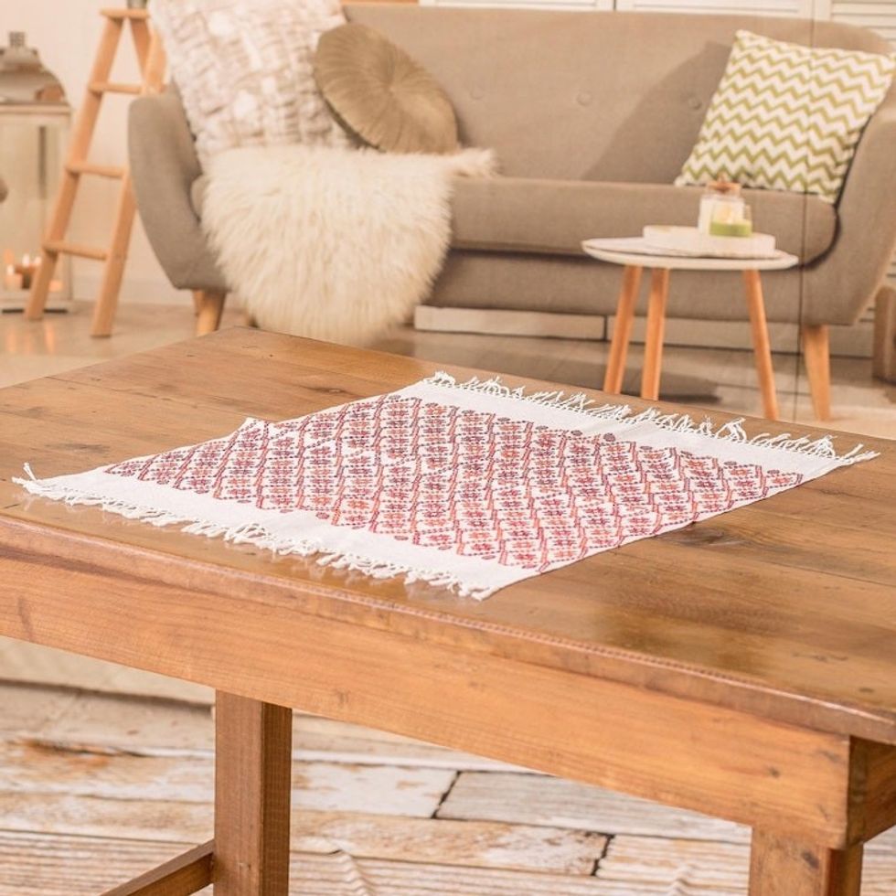 Star and Geometric-Themed Red Cotton Placemat with Fringes 'Stars in the Sky'
