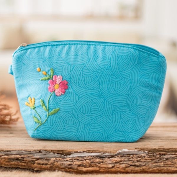 Alternate image for Embroidered Floral Cyan Cotton Cosmetic Bag with Zipper Cyan Beauty