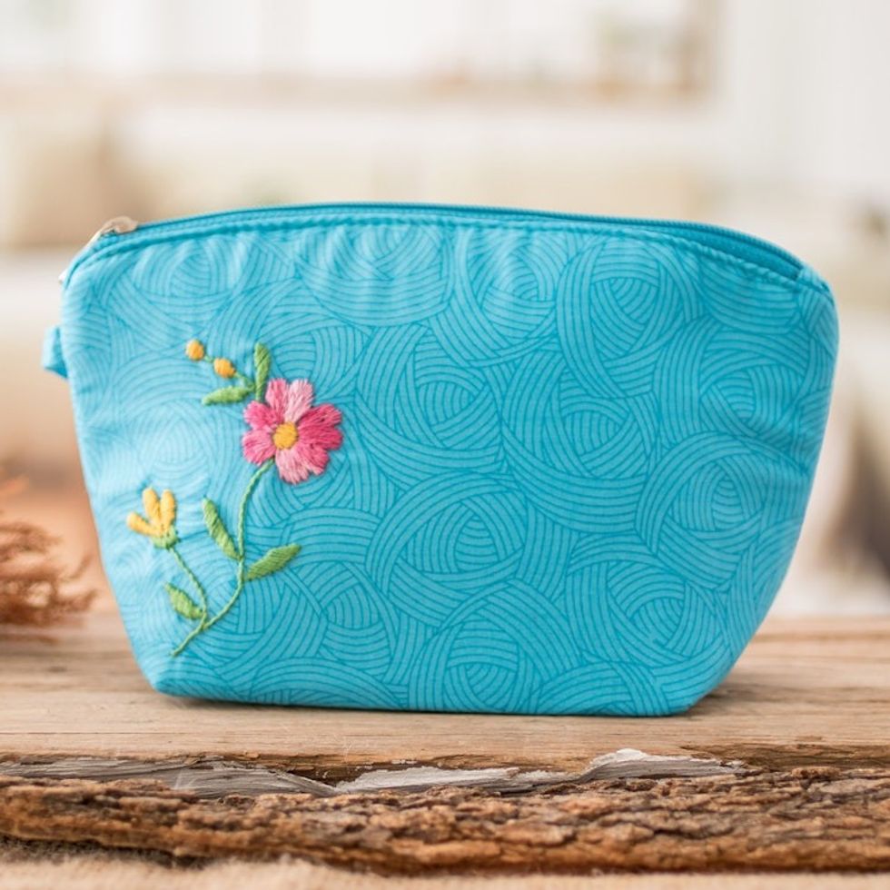 Embroidered Floral Cyan Cotton Cosmetic Bag with Zipper 'Cyan Beauty'