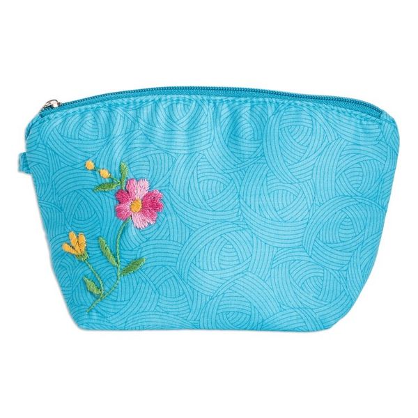 Alternate image for Embroidered Floral Cyan Cotton Cosmetic Bag with Zipper Cyan Beauty