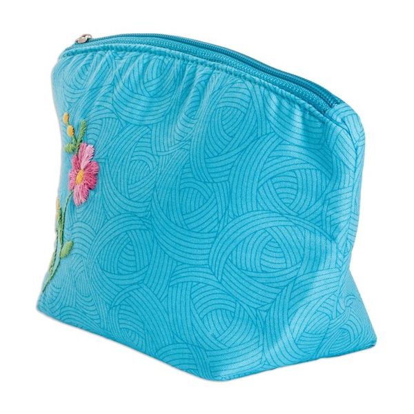 Alternate image for Embroidered Floral Cyan Cotton Cosmetic Bag with Zipper Cyan Beauty