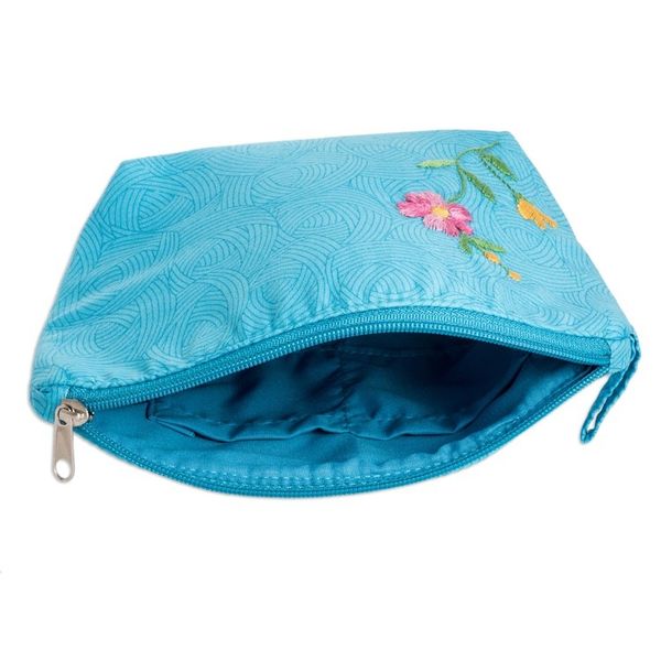 Alternate image for Embroidered Floral Cyan Cotton Cosmetic Bag with Zipper Cyan Beauty