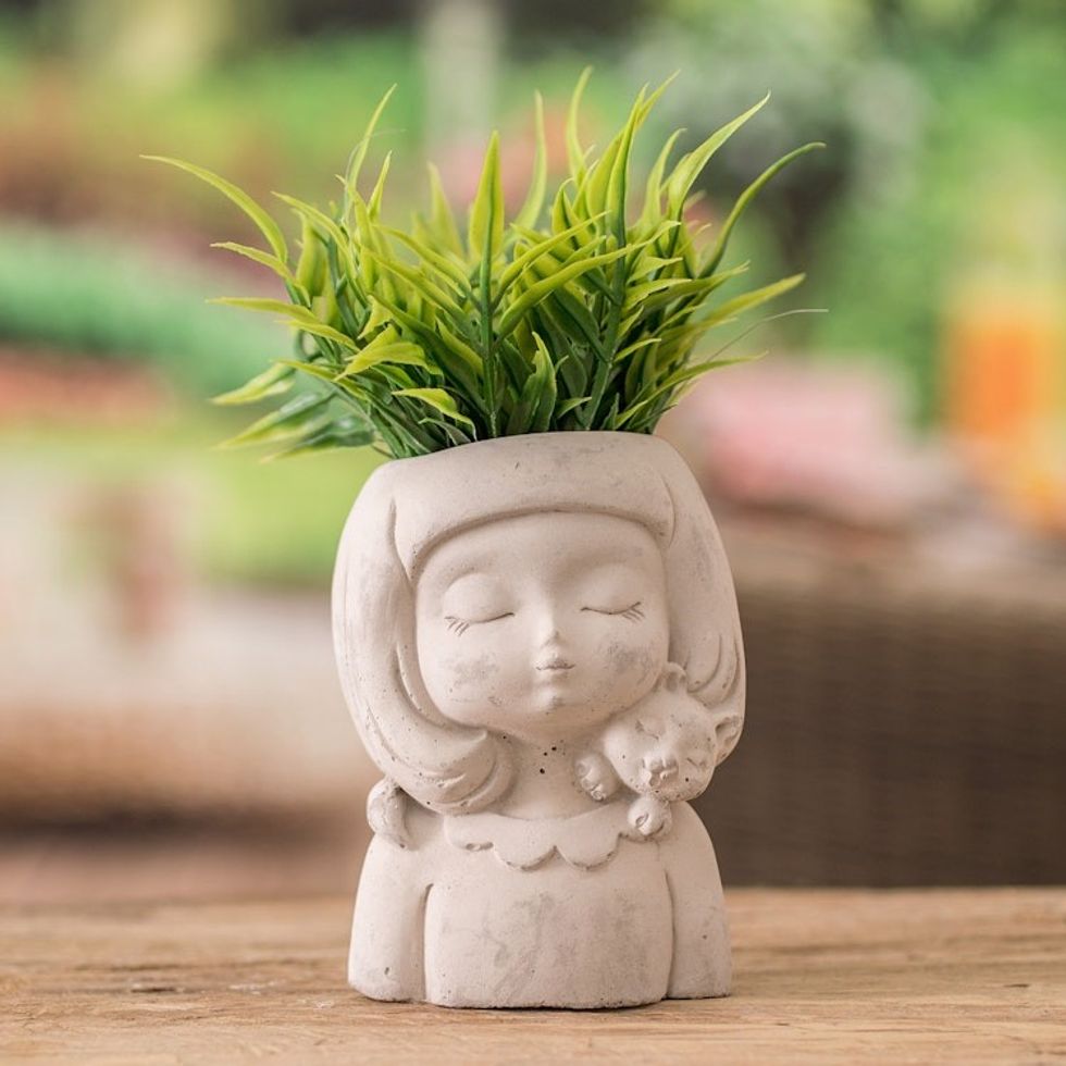 Handcrafted Whimsical Girl and Cat Cement Flower Pot 'Love Tenderness'