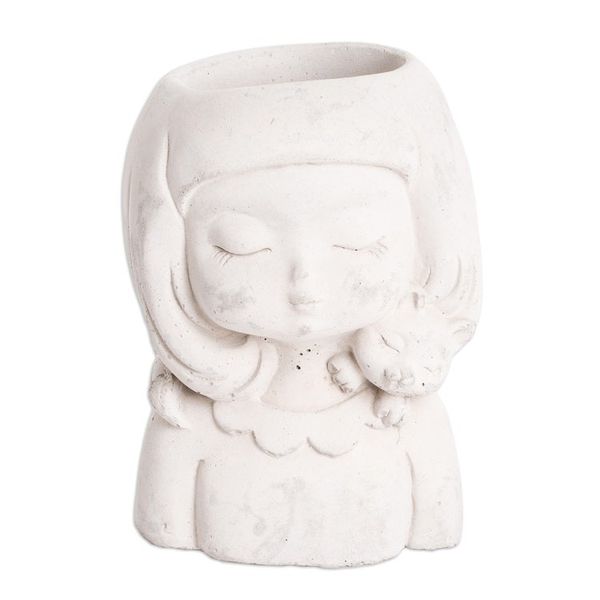 Alternate image for Handcrafted Whimsical Girl and Cat Cement Flower Pot Love Tenderness