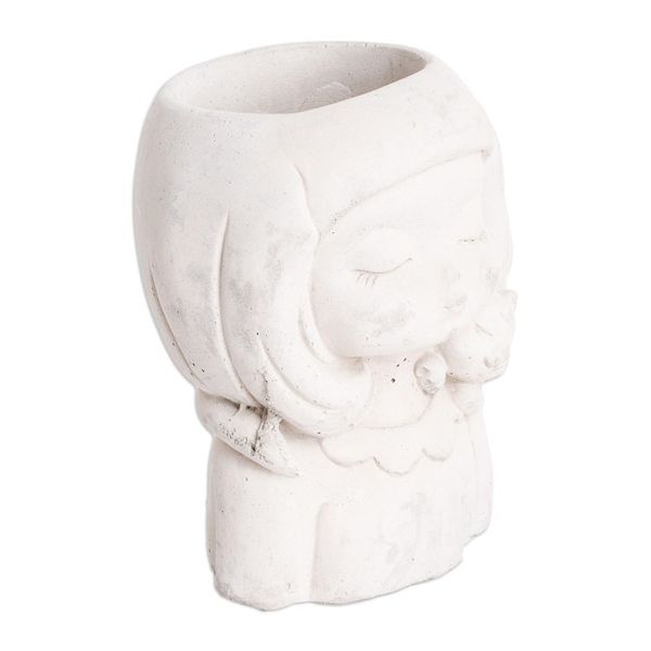 Alternate image for Handcrafted Whimsical Girl and Cat Cement Flower Pot Love Tenderness