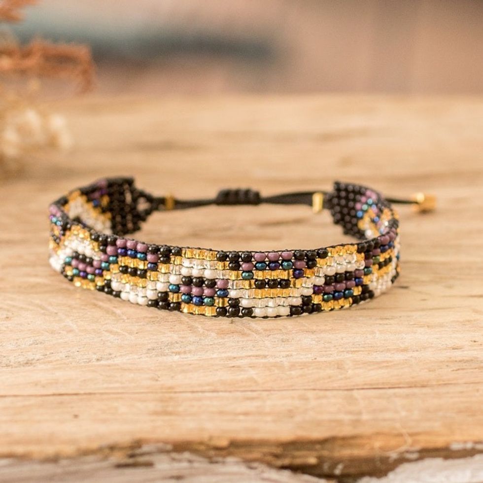 Handmade Golden and Ivory Glass Beaded Wristband Bracelet 'Enchanted Atitlan'