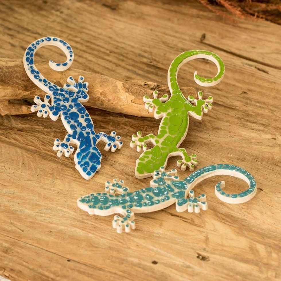 Set of 3 Hand-Painted Blue and Green Gecko Wood Magnets 'Allies for the Ocean'