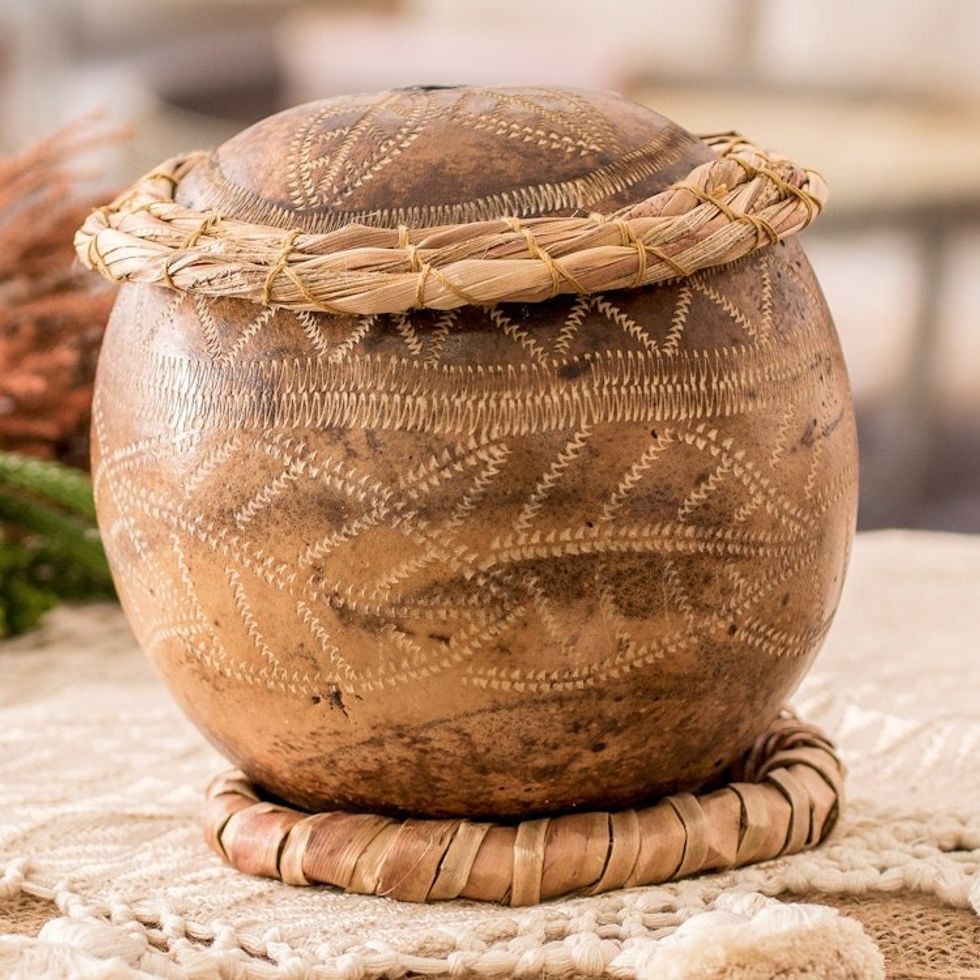 Hand-Carved Leafy-Patterned Dried Gourd Decorative Accent 'Abaca Leaves'