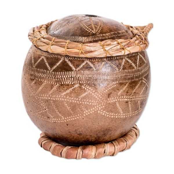 Alternate image for Hand-Carved Leafy-Patterned Dried Gourd Decorative Accent Abaca Leaves