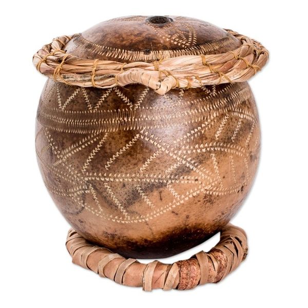 Alternate image for Hand-Carved Leafy-Patterned Dried Gourd Decorative Accent Abaca Leaves