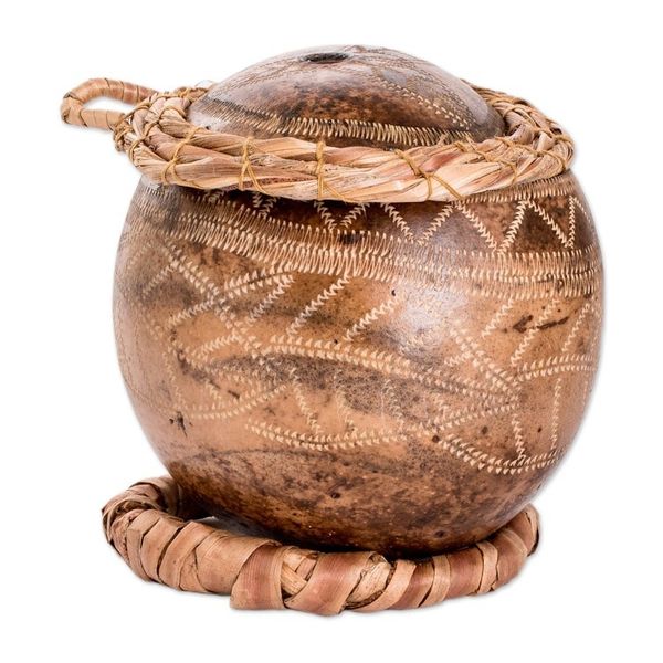 Alternate image for Hand-Carved Leafy-Patterned Dried Gourd Decorative Accent Abaca Leaves