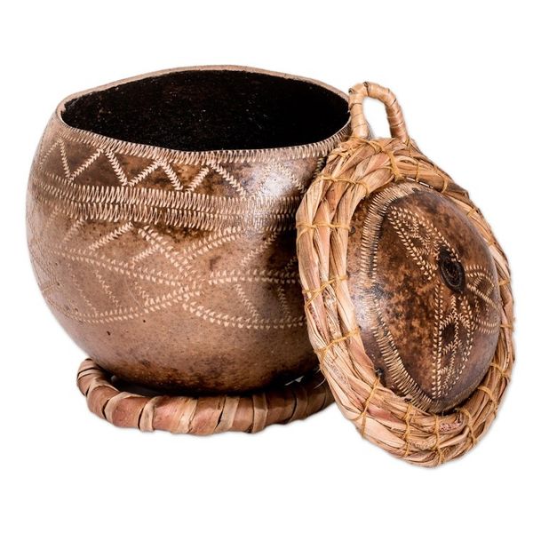 Alternate image for Hand-Carved Leafy-Patterned Dried Gourd Decorative Accent Abaca Leaves