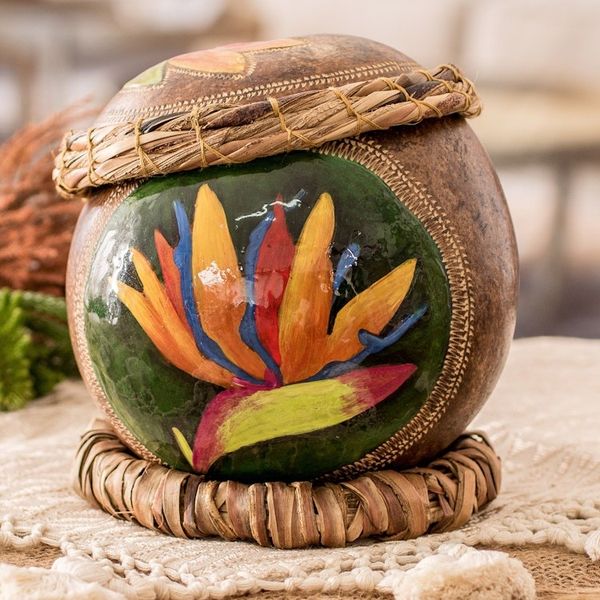 Alternate image for Crane Flower-Themed Painted Dried Gourd Decorative Accent Crane Flower