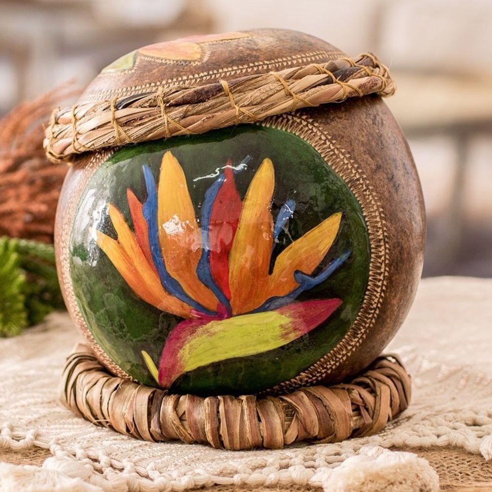 Crane Flower-Themed Painted Dried Gourd Decorative Accent 'Crane Flower'