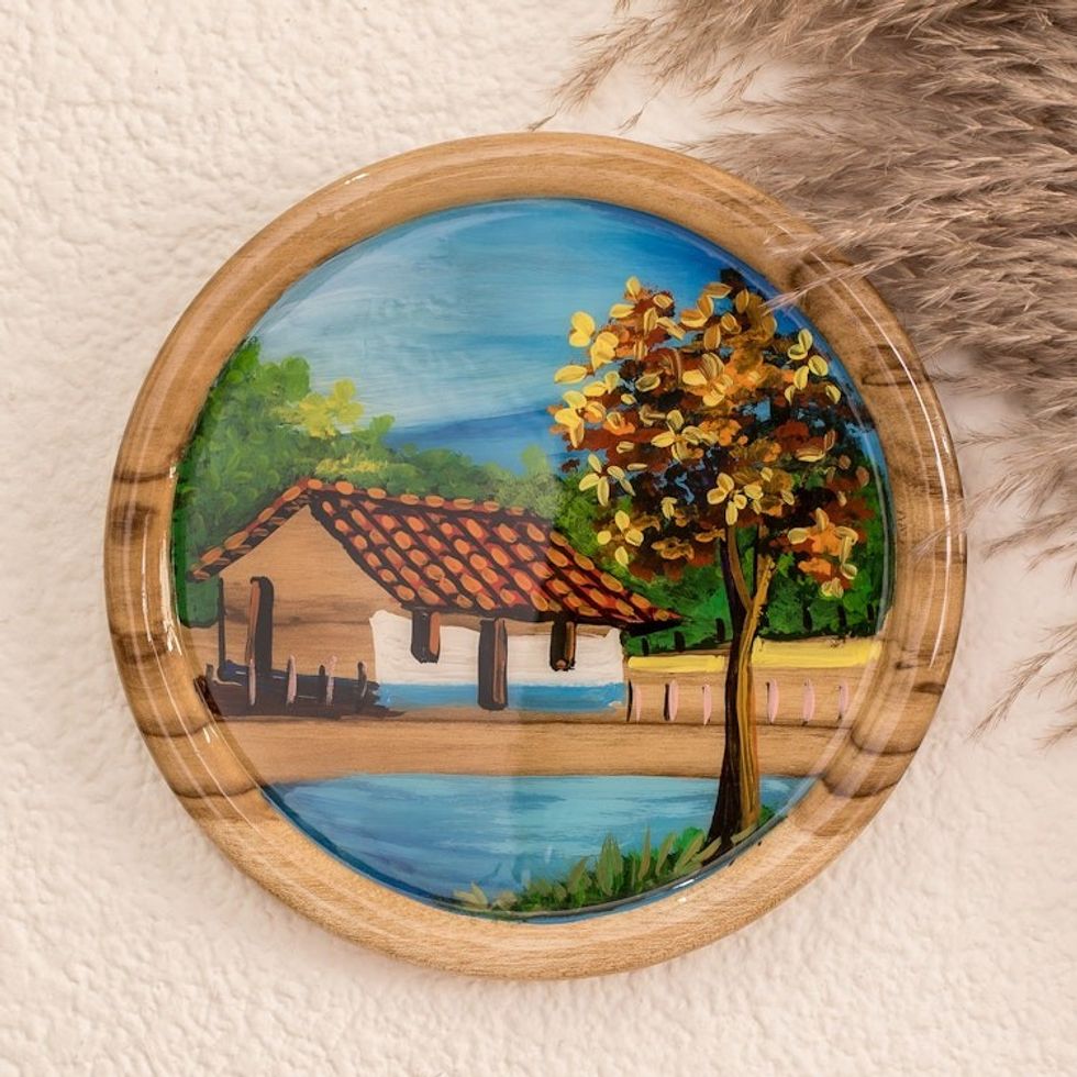 Handcrafted Cedar Wood Decorative Plate with Classic Scene 'Landscape of My Land'